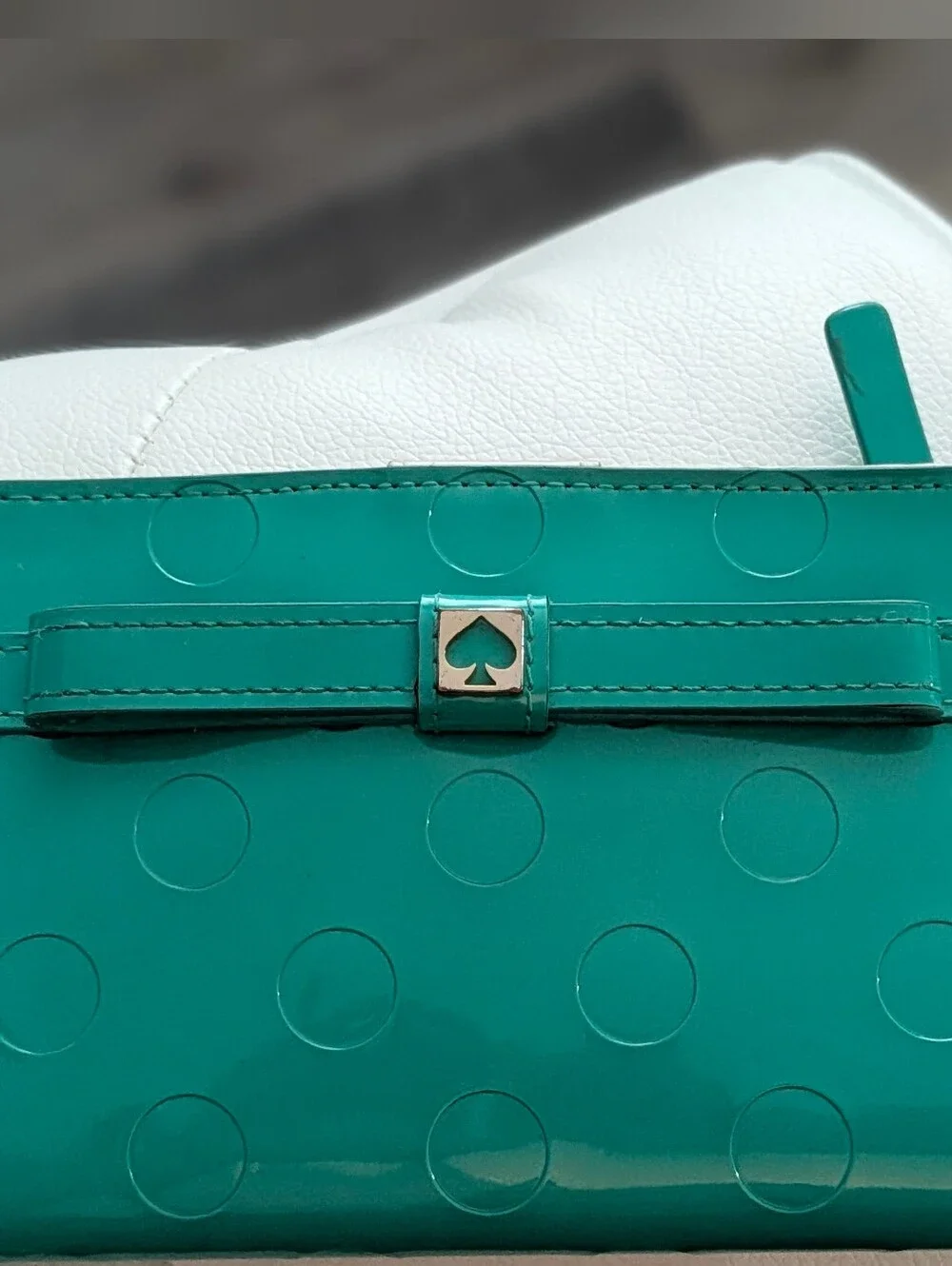Kate Spade New York Teal Patent Polka Dot Continental Wallet Bow Accent EUC